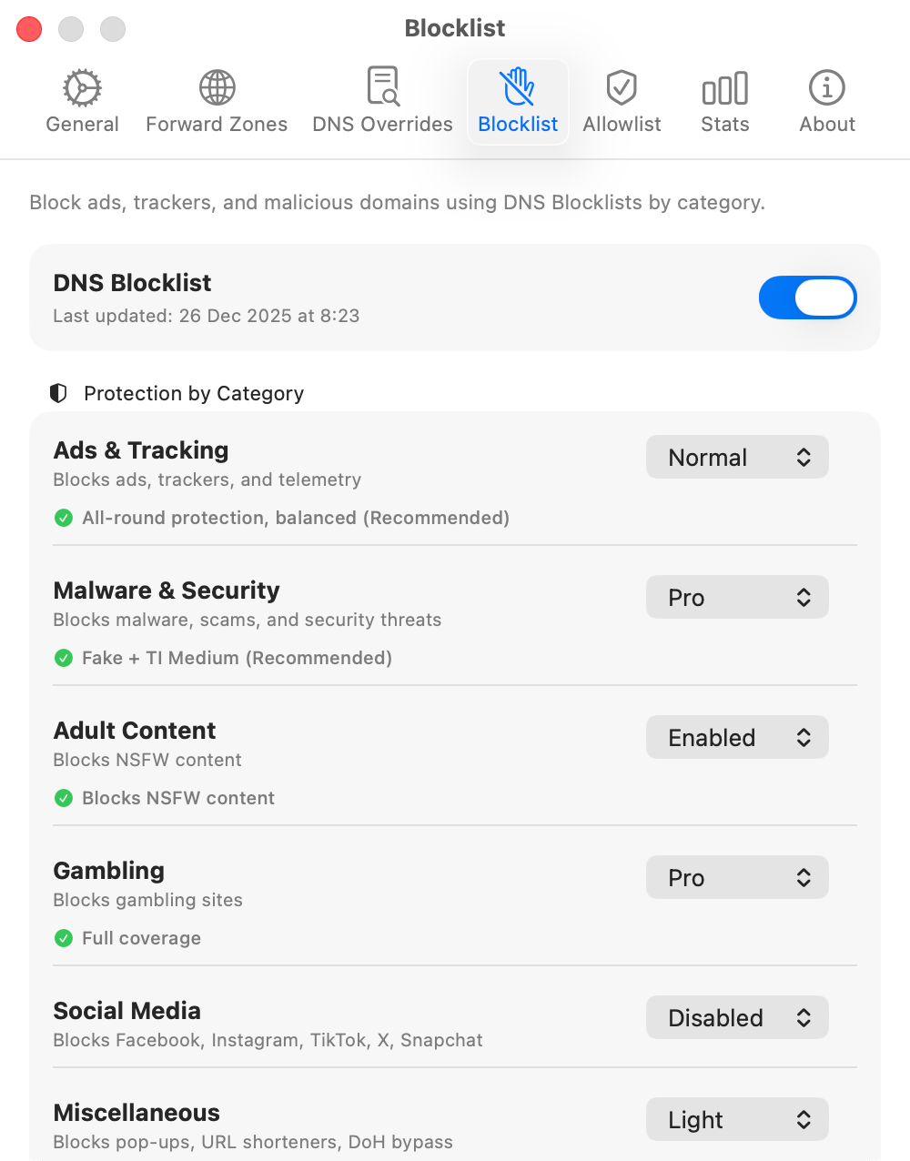 MacDNS Blocklist Tab