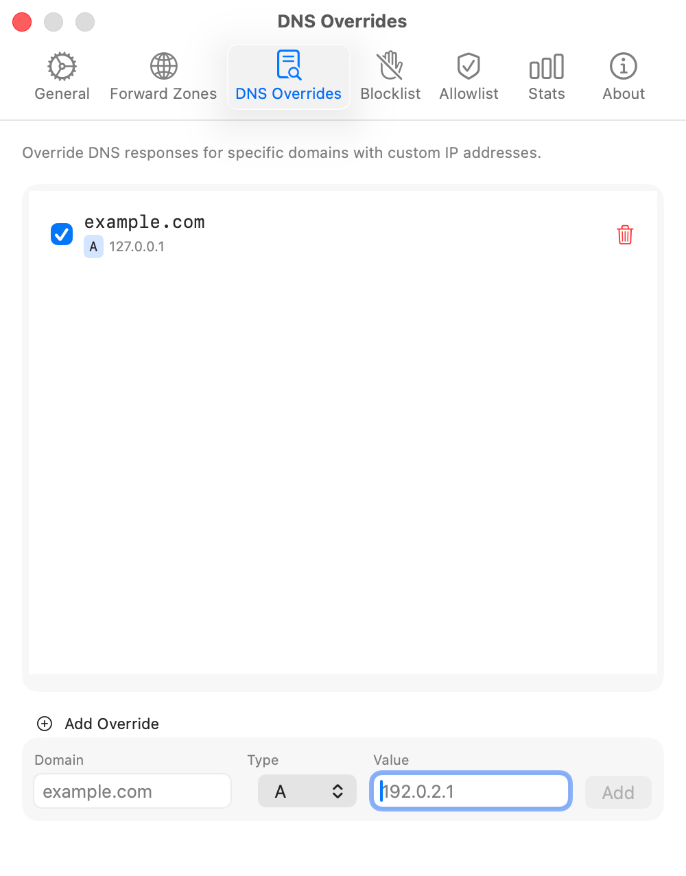 MacDNS DNS Overrides Tab