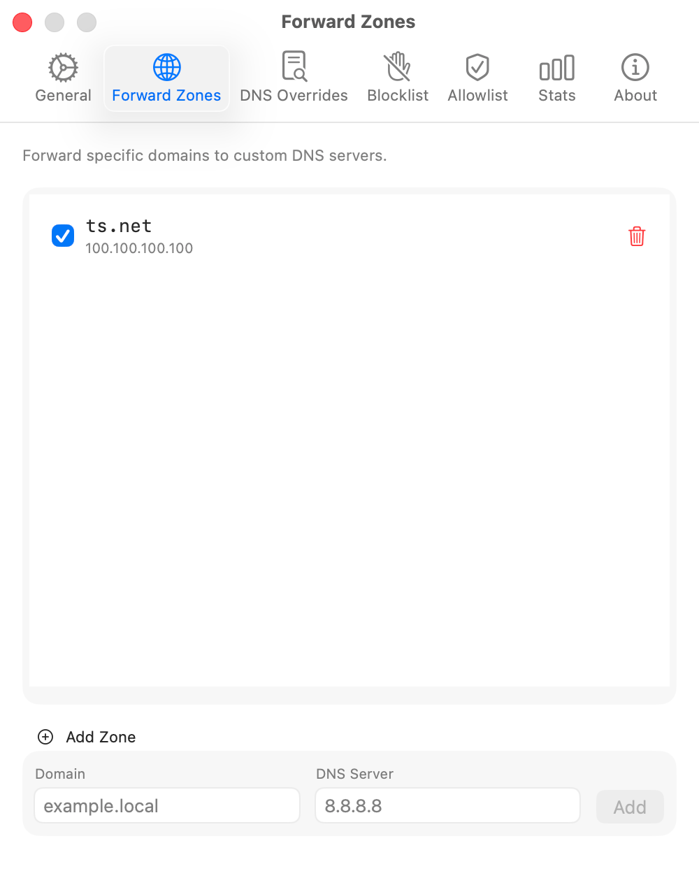 MacDNS Forward Zones Tab