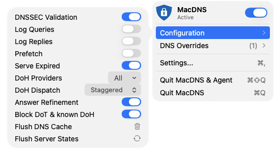 Complete MacDNS menu bar panel and configuration popover